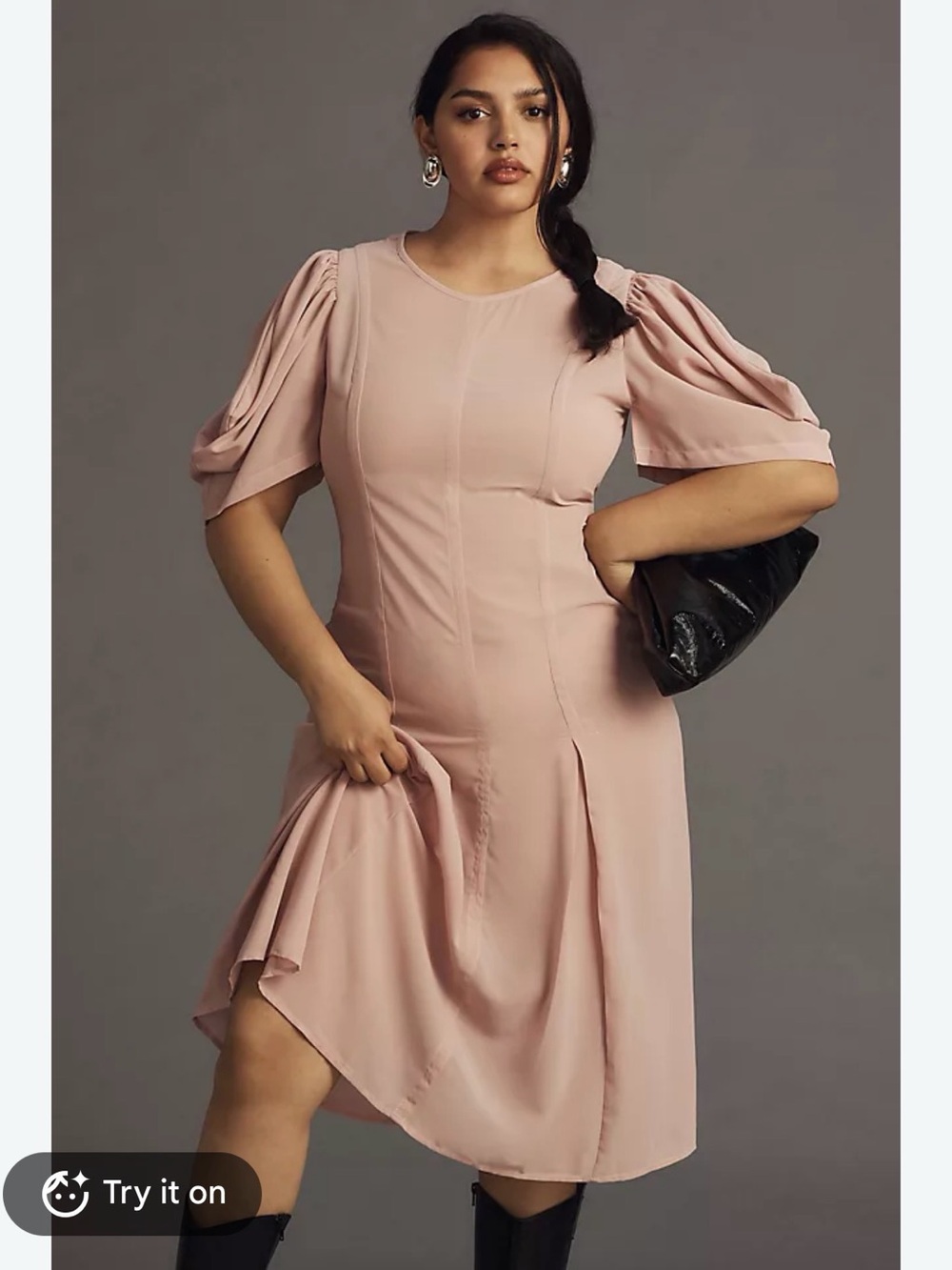 NWT Anthropologie Classic Puff-Sleeve Midi Dress in Blush Pink
